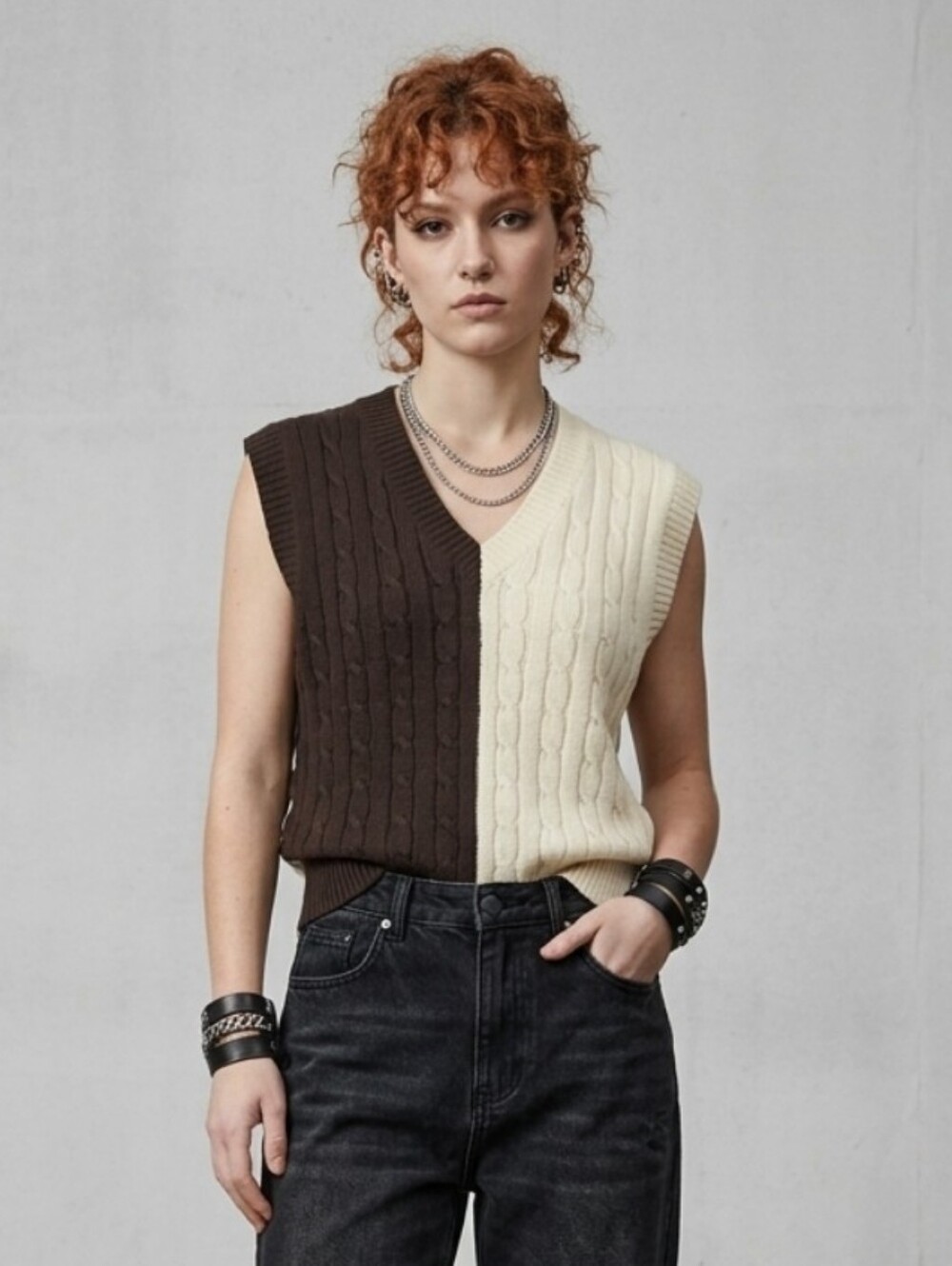 NWT Urban Outfitters Two-Tone Cable Vest in Cream and Dark Brown